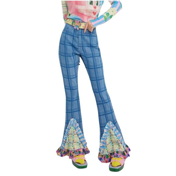 TNTNTUTU Women's Ruffled Splice Plaid Flared Pants Size XL Multicolor Blue - Picture 1 of 8